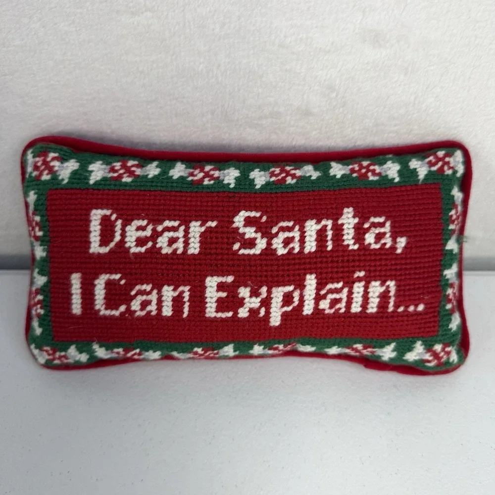 Dear Santa I Can Explain Needlepoint Pillow Red Green Peppermint Candy Christmas